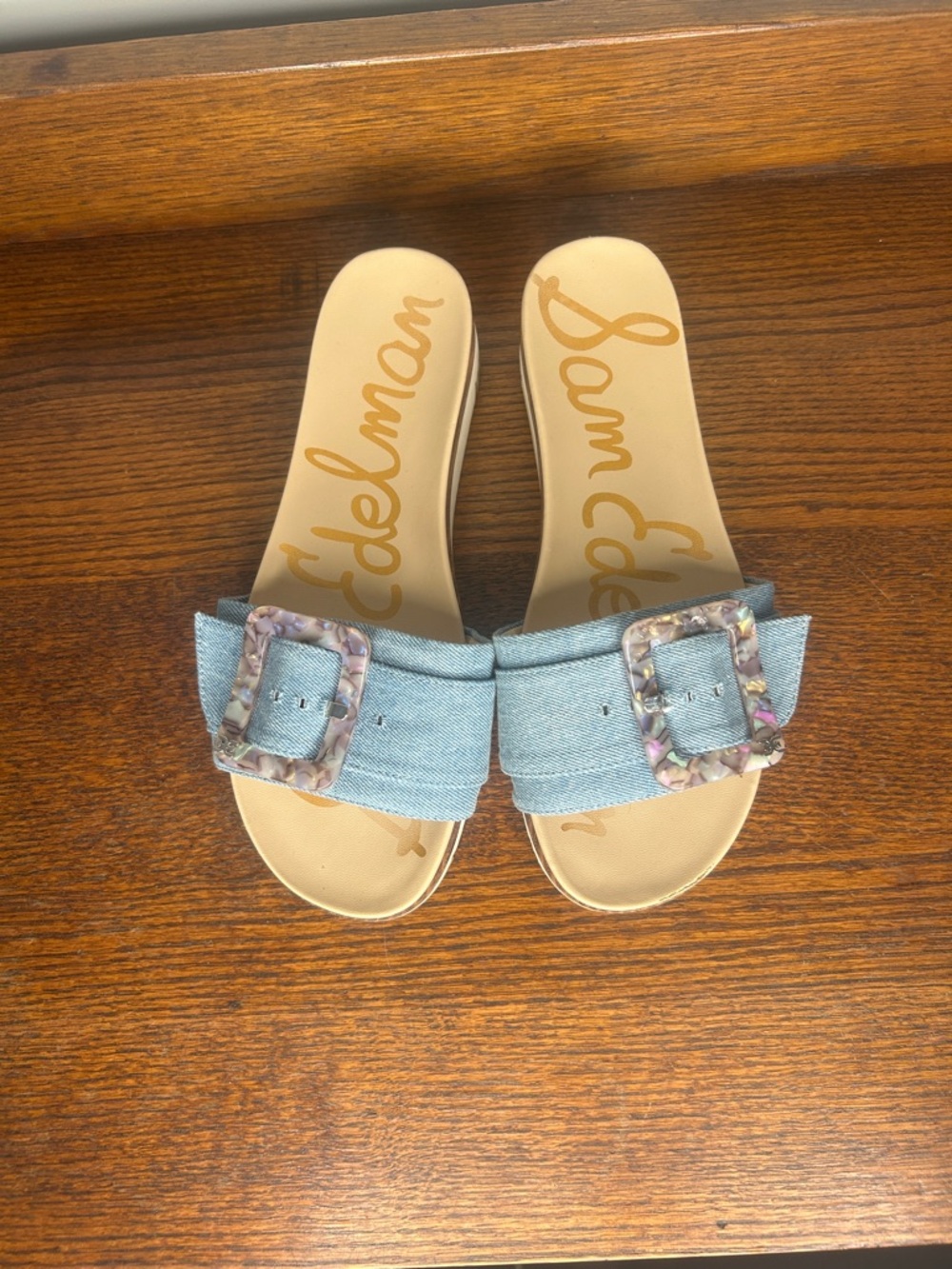 Sam Edelman Light Blue Denim Slide Sandals with Decorative Buckle size 8.5
